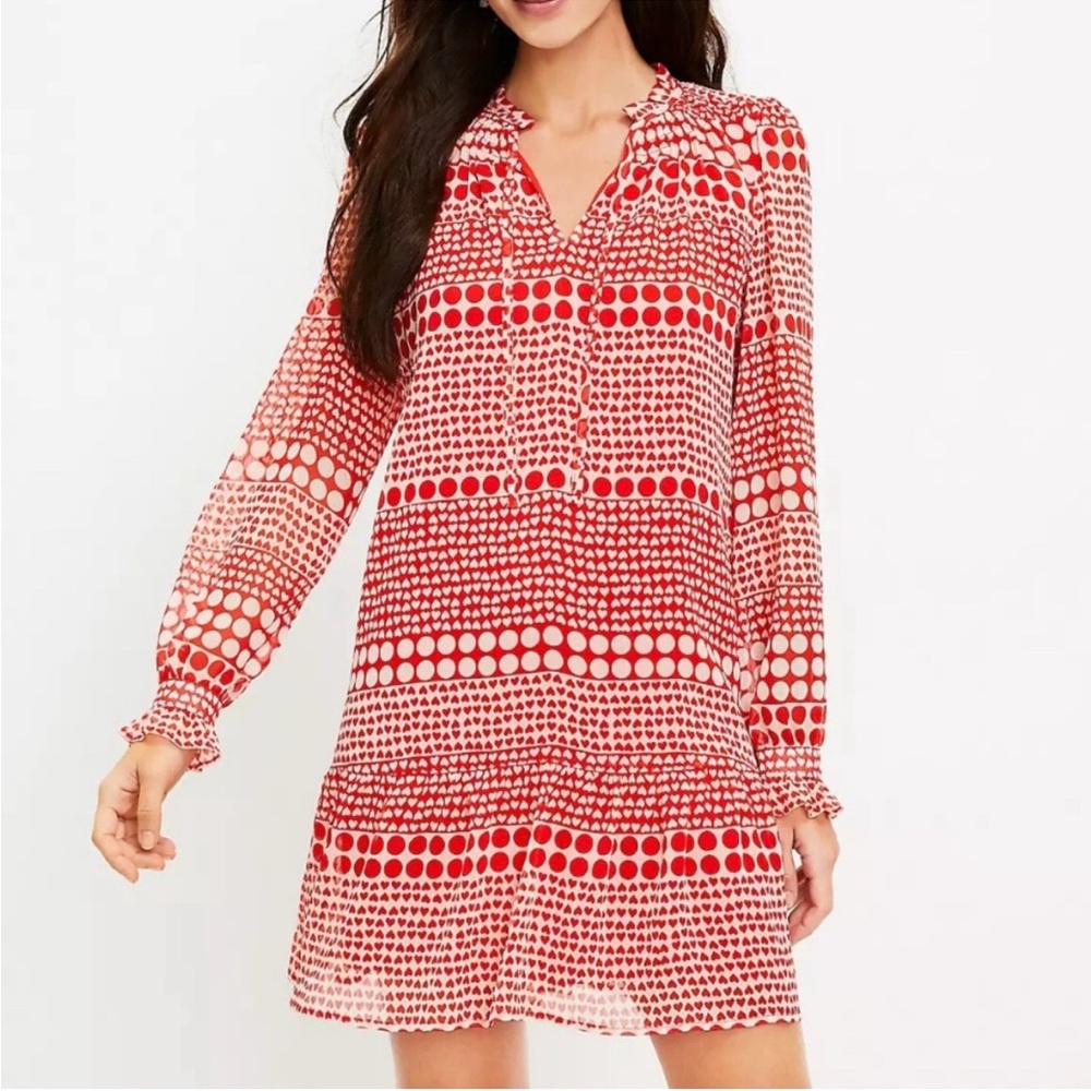 LOFT  Red Heart Polka Dot Flounce Tie Neck Long Sleeve SZ S
